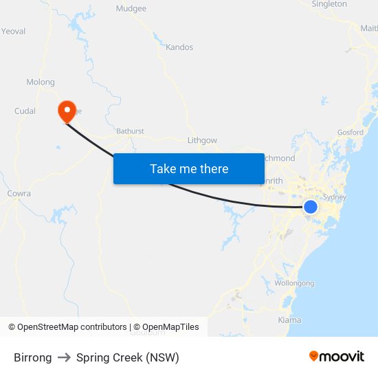 Birrong to Spring Creek (NSW) map