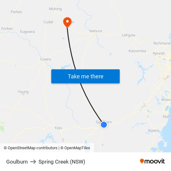 Goulburn to Spring Creek (NSW) map