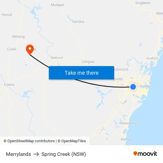 Merrylands to Spring Creek (NSW) map