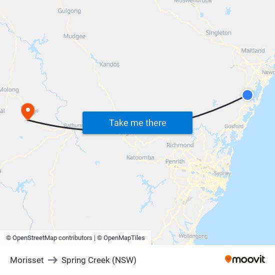 Morisset to Spring Creek (NSW) map