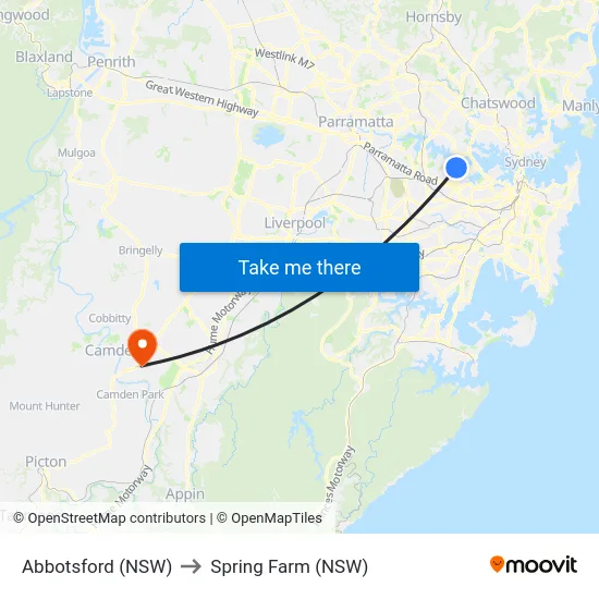 Abbotsford (NSW) to Spring Farm (NSW) map