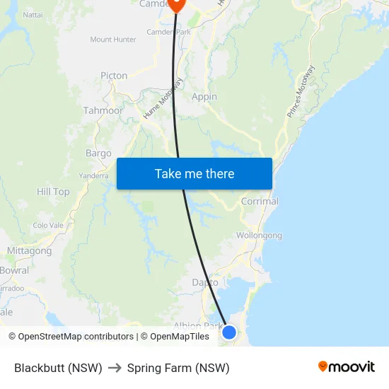 Blackbutt (NSW) to Spring Farm (NSW) map