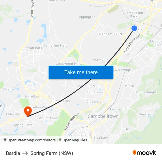 Bardia to Spring Farm (NSW) map
