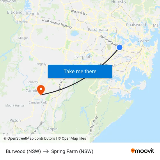 Burwood (NSW) to Spring Farm (NSW) map
