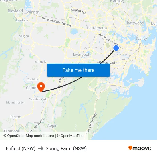 Enfield (NSW) to Spring Farm (NSW) map