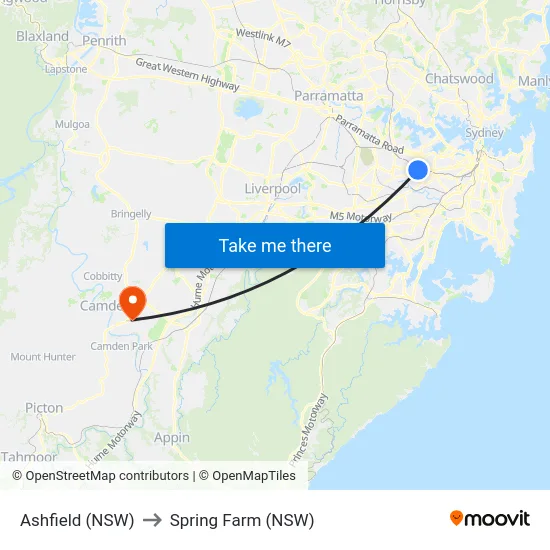 Ashfield (NSW) to Spring Farm (NSW) map