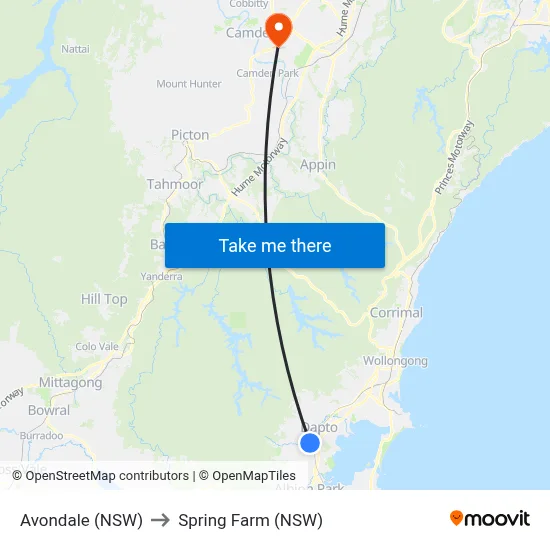 Avondale (NSW) to Spring Farm (NSW) map