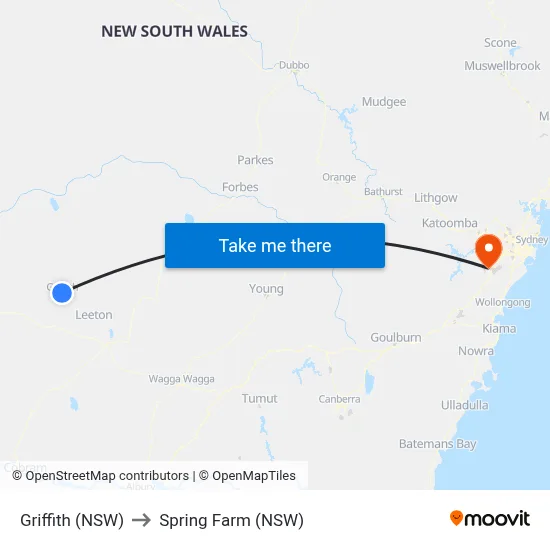 Griffith (NSW) to Spring Farm (NSW) map