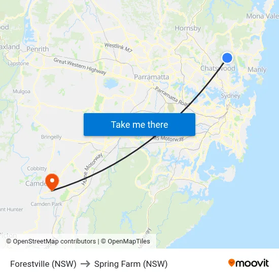 Forestville (NSW) to Spring Farm (NSW) map