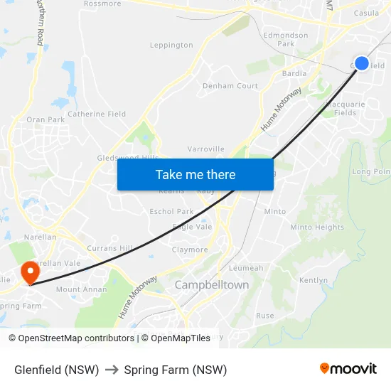 Glenfield (NSW) to Spring Farm (NSW) map