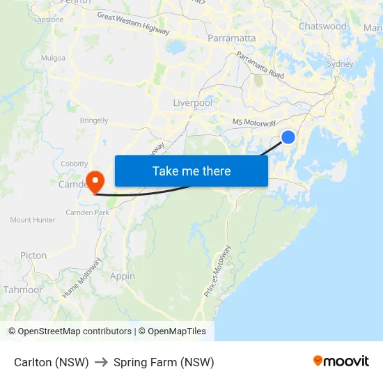Carlton (NSW) to Spring Farm (NSW) map