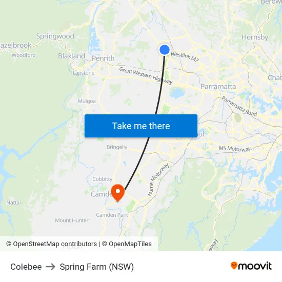 Colebee to Spring Farm (NSW) map