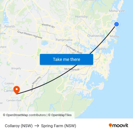 Collaroy (NSW) to Spring Farm (NSW) map