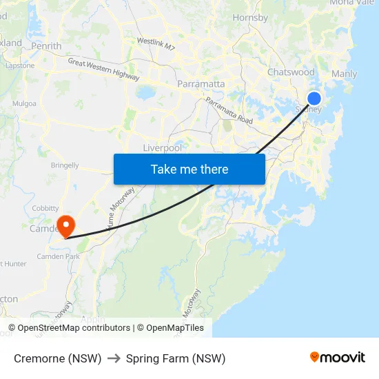 Cremorne (NSW) to Spring Farm (NSW) map
