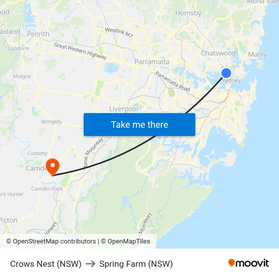 Crows Nest (NSW) to Spring Farm (NSW) map