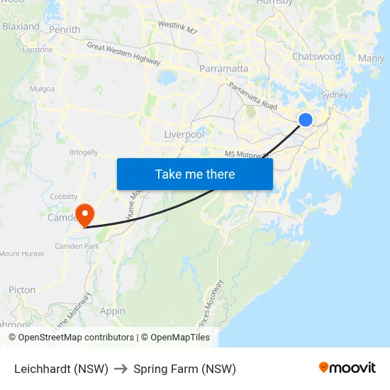 Leichhardt (NSW) to Spring Farm (NSW) map