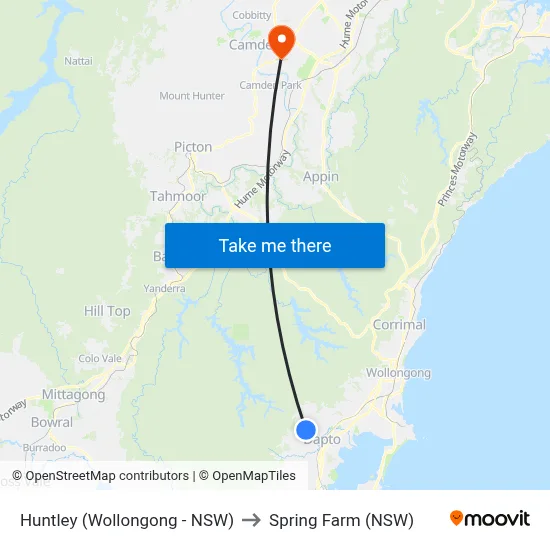 Huntley (Wollongong - NSW) to Spring Farm (NSW) map