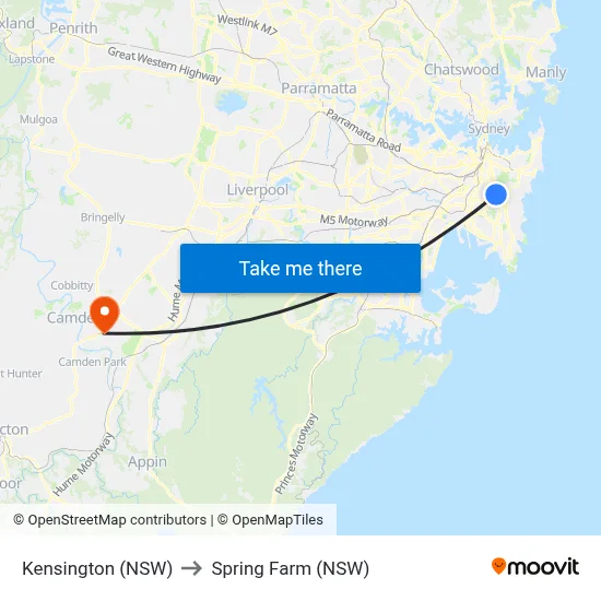 Kensington (NSW) to Spring Farm (NSW) map