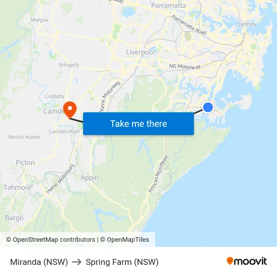 Miranda (NSW) to Spring Farm (NSW) map