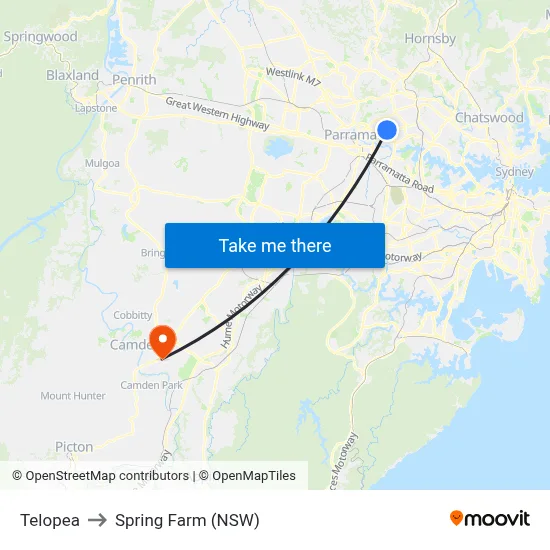 Telopea to Spring Farm (NSW) map