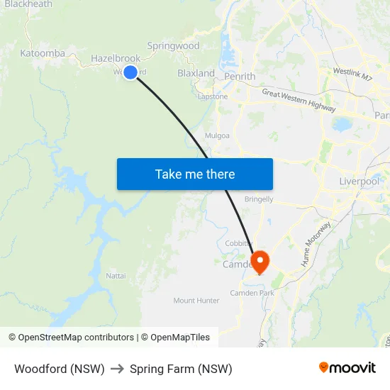 Woodford (NSW) to Spring Farm (NSW) map