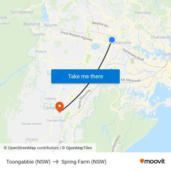 Toongabbie (NSW) to Spring Farm (NSW) map