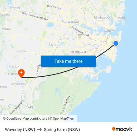 Waverley (NSW) to Spring Farm (NSW) map