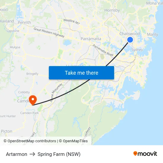 Artarmon to Spring Farm (NSW) map