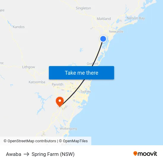 Awaba to Spring Farm (NSW) map