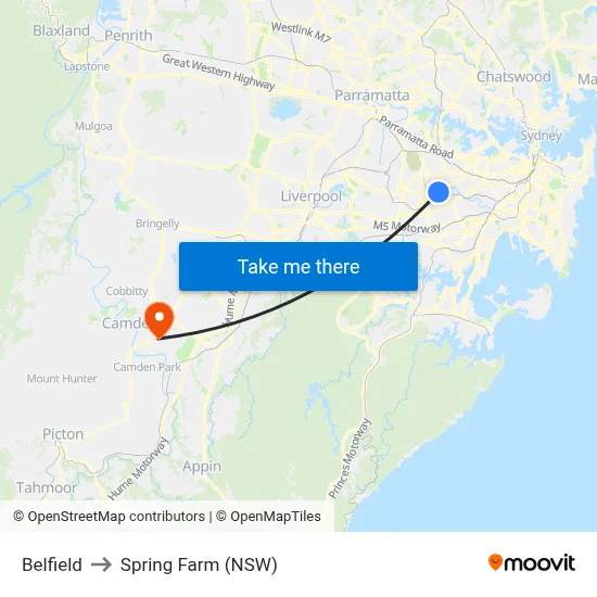 Belfield to Spring Farm (NSW) map
