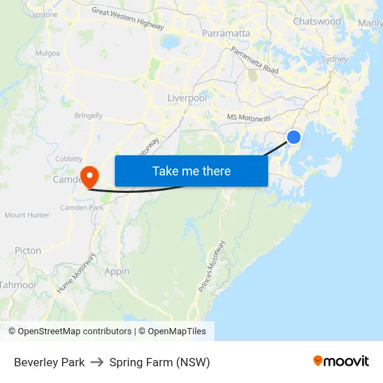 Beverley Park to Spring Farm (NSW) map