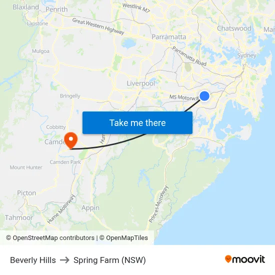 Beverly Hills to Spring Farm (NSW) map