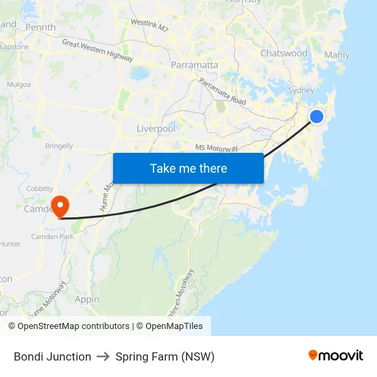 Bondi Junction to Spring Farm (NSW) map