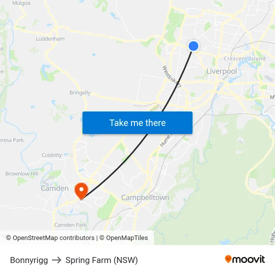 Bonnyrigg to Spring Farm (NSW) map