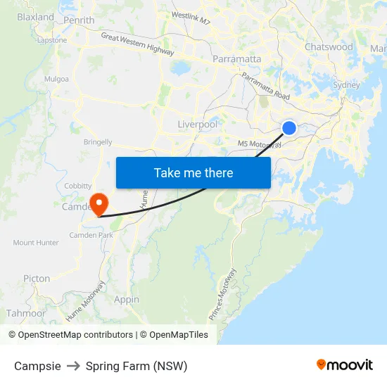 Campsie to Spring Farm (NSW) map