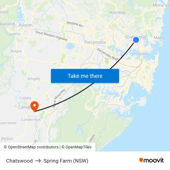 Chatswood to Spring Farm (NSW) map