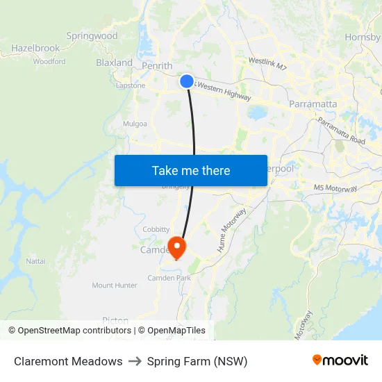 Claremont Meadows to Spring Farm (NSW) map