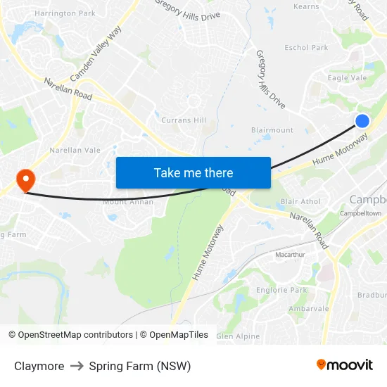 Claymore to Spring Farm (NSW) map