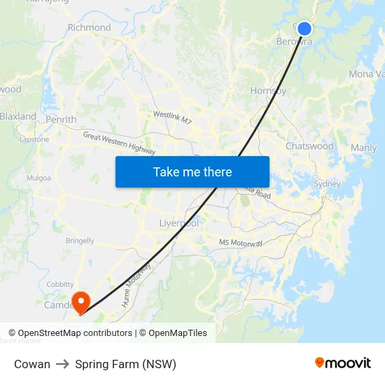 Cowan to Spring Farm (NSW) map
