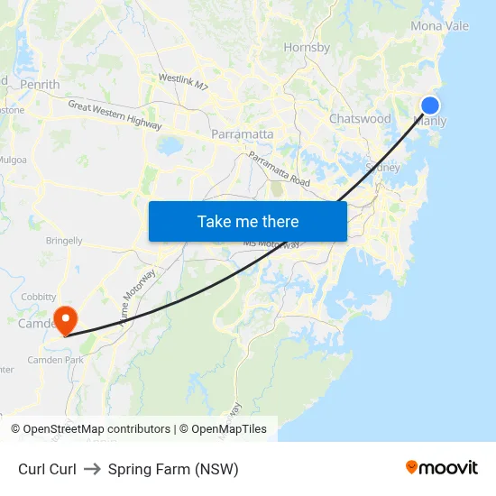 Curl Curl to Spring Farm (NSW) map