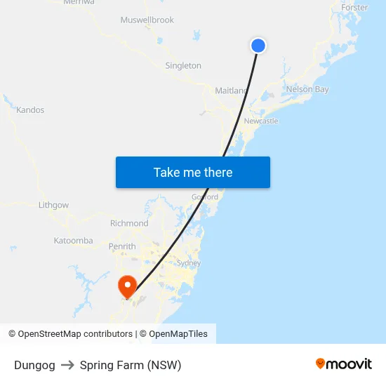 Dungog to Spring Farm (NSW) map