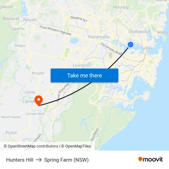 Hunters Hill to Spring Farm (NSW) map