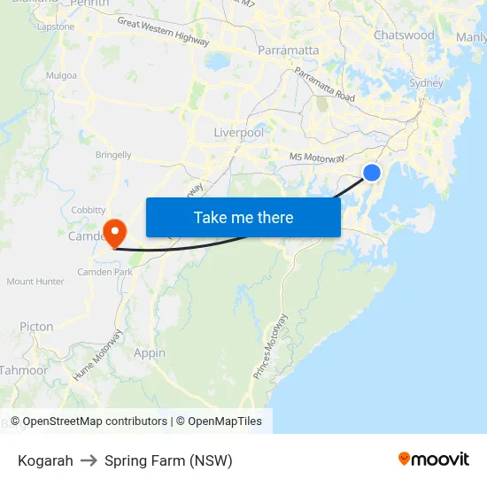 Kogarah to Spring Farm (NSW) map
