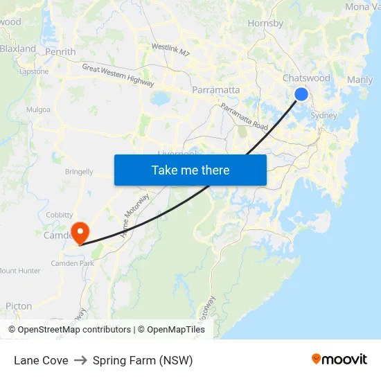 Lane Cove to Spring Farm (NSW) map