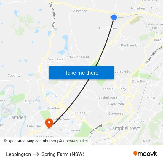 Leppington to Spring Farm (NSW) map