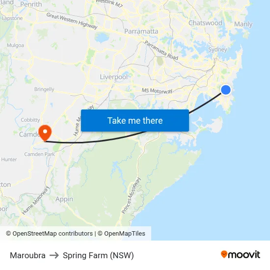 Maroubra to Spring Farm (NSW) map