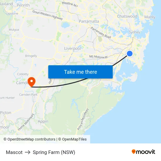 Mascot to Spring Farm (NSW) map