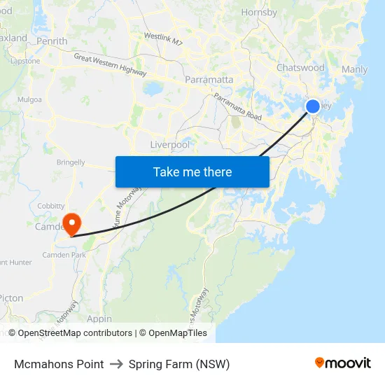Mcmahons Point to Spring Farm (NSW) map