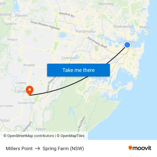 Millers Point to Spring Farm (NSW) map