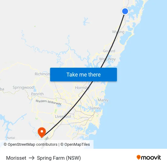 Morisset to Spring Farm (NSW) map